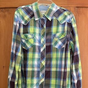 Wear the West Roper Blue Green Black Red Plaid Snap Cording Shirt XL